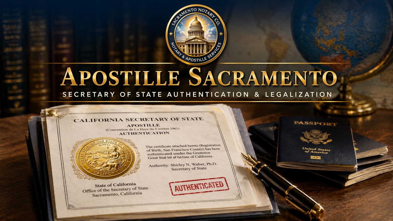 Apostille Sacramento — same-day hand-carry to California Secretary of State shown with gold-embossed apostille certificate, red ribbon and wax seal, brass embosser, passports, world globe, and desk lamp