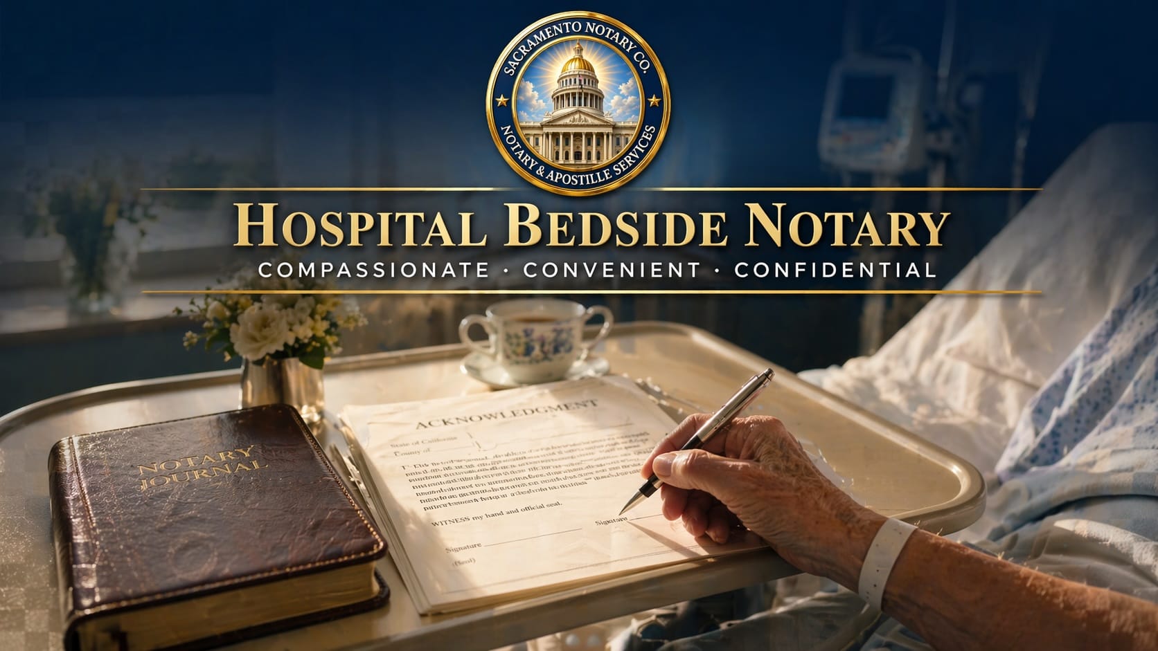 Hospital bedside notary Sacramento — compassionate California-licensed bedside service shown with sunlit hospital room, notary journal, fountain pen, and brass embosser on overbed table next to patient's hand on white bedding