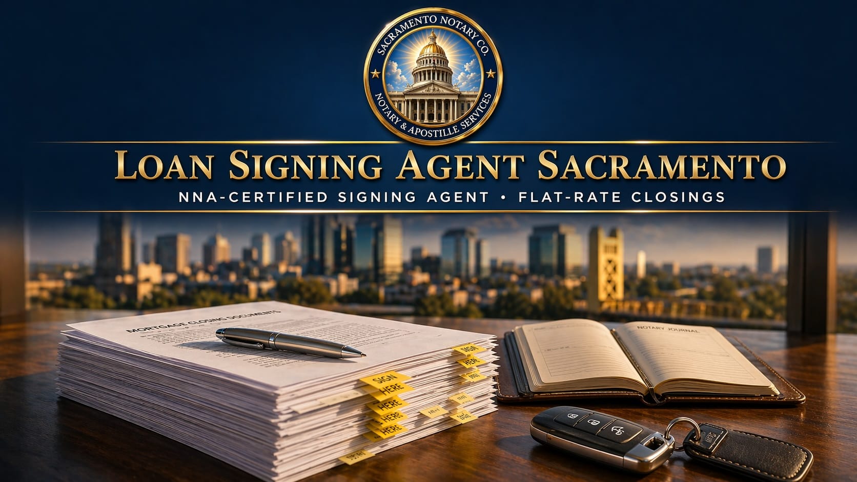 Loan signing agent Sacramento — NNA-certified mortgage closing specialist shown with stack of closing documents, yellow sign-here tabs, silver pen, brass embosser, notary journal, and new house keys on a polished conference table