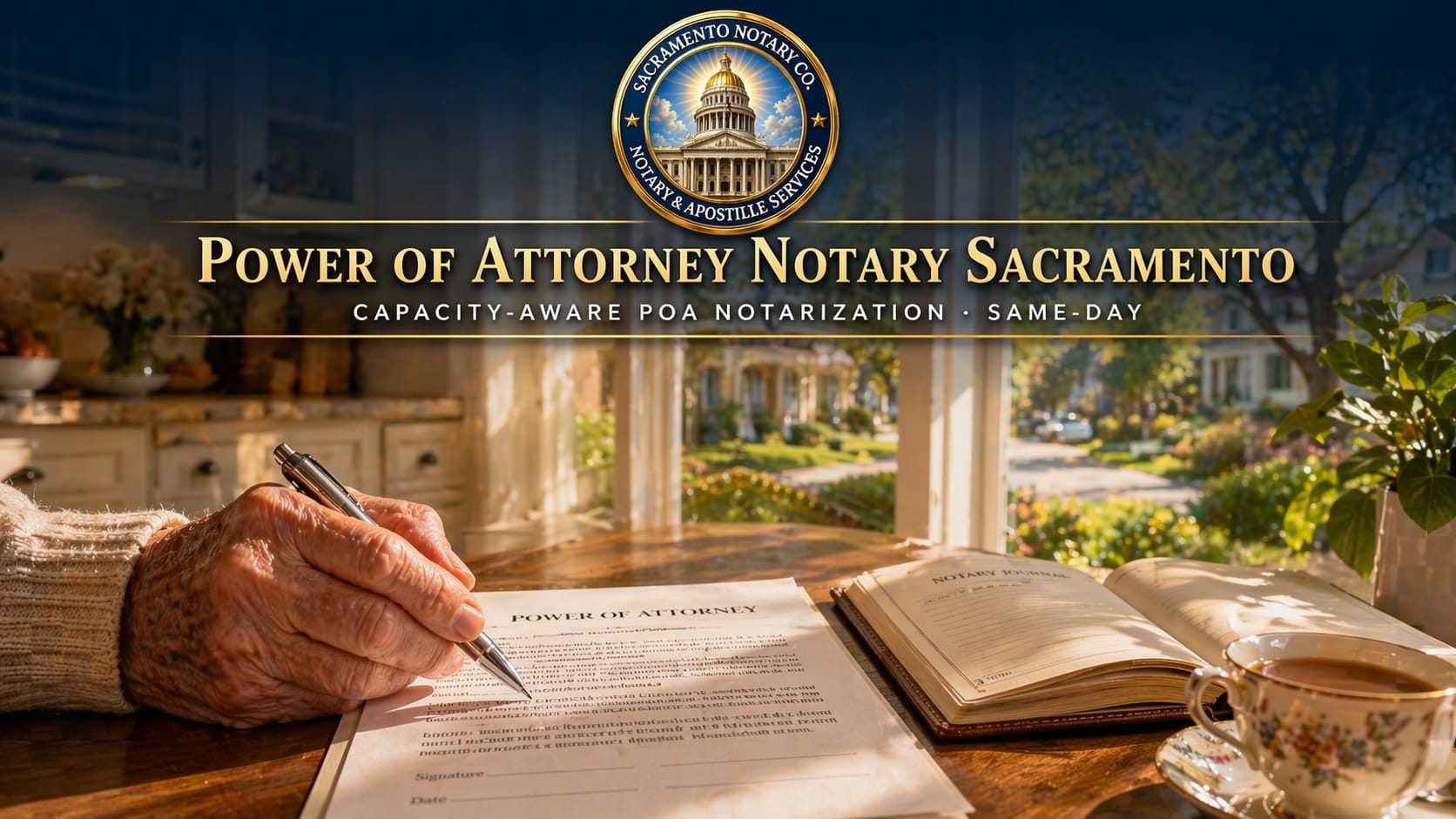 Power of attorney notary Sacramento — capacity-aware POA notarization shown with elderly person's hand holding silver pen over Power of Attorney document on sunlit kitchen table with brass embosser and notary journal
