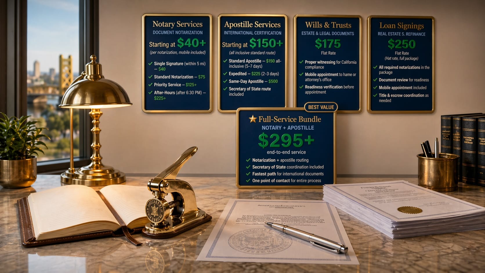 Sacramento notary pricing — transparent flat-rate California-compliant mobile notary pricing shown with leather journal, brass embosser, fountain pen, and document on a polished desk