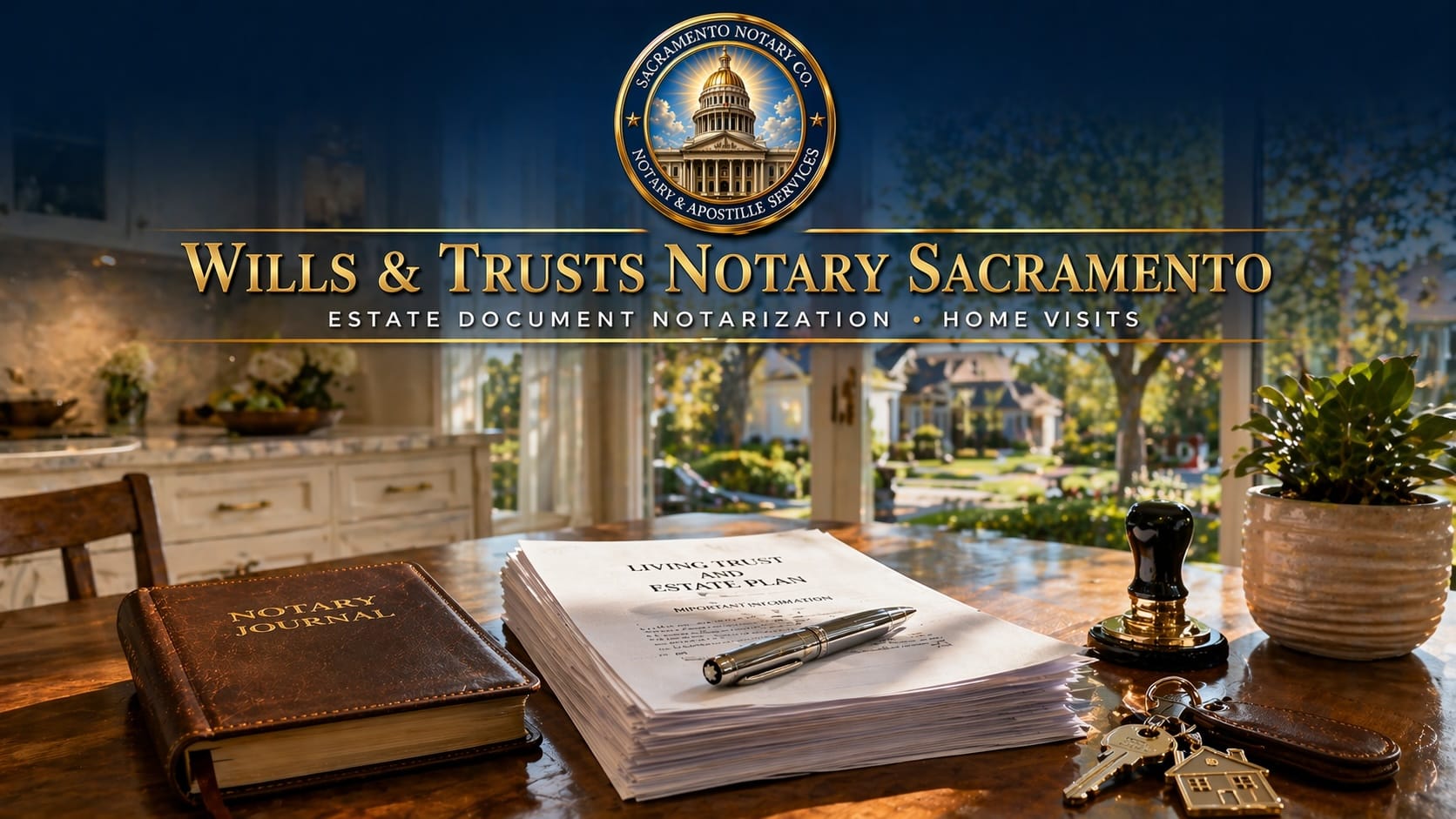 Wills and trusts notary Sacramento — estate document notarization with leather-bound living trust, fountain pen, brass embosser, and notary journal on mahogany desk