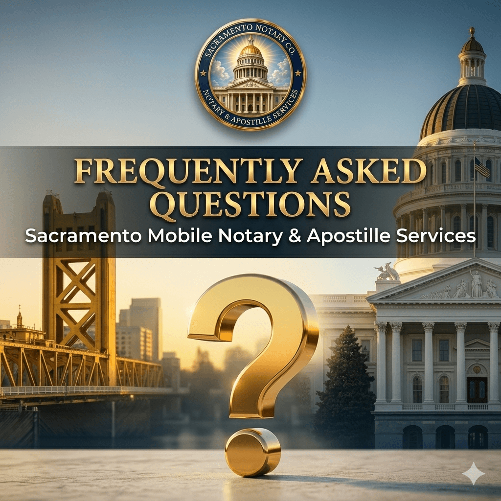 Sacramento notary FAQ — open notary journal, embossed seal, and stack of common signing documents on a desk