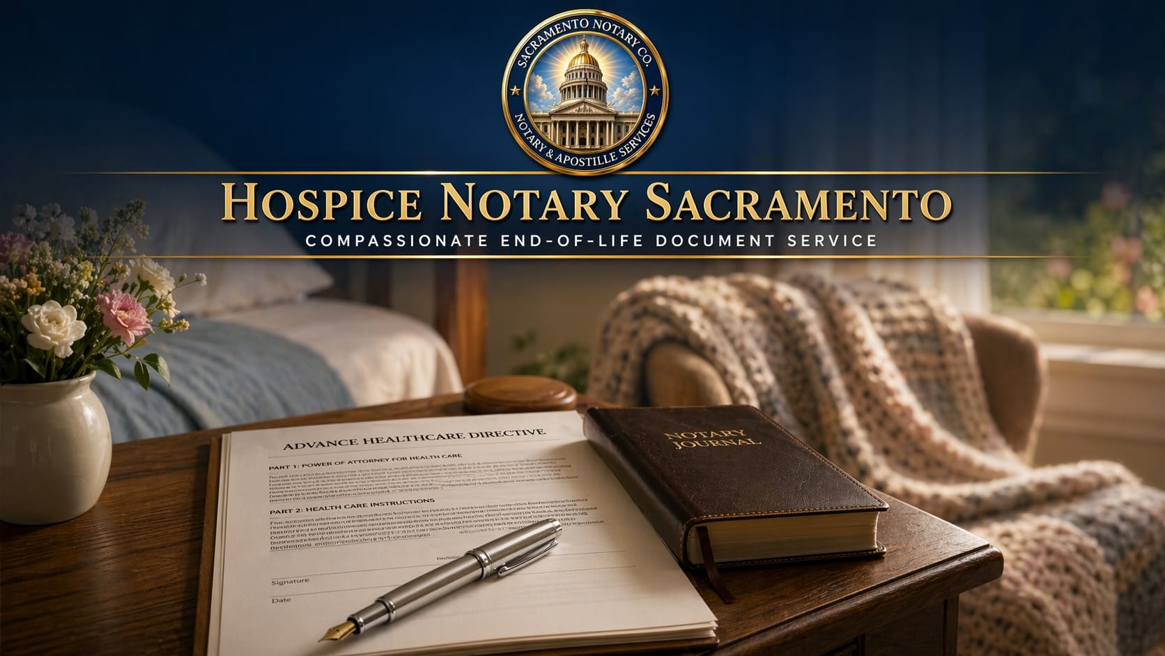 Hospice notary Sacramento — compassionate end-of-life document notarization shown in a softly lit home hospice setting with advance healthcare directive, brass embosser, silver fountain pen, and notary journal on a wooden bedside table
