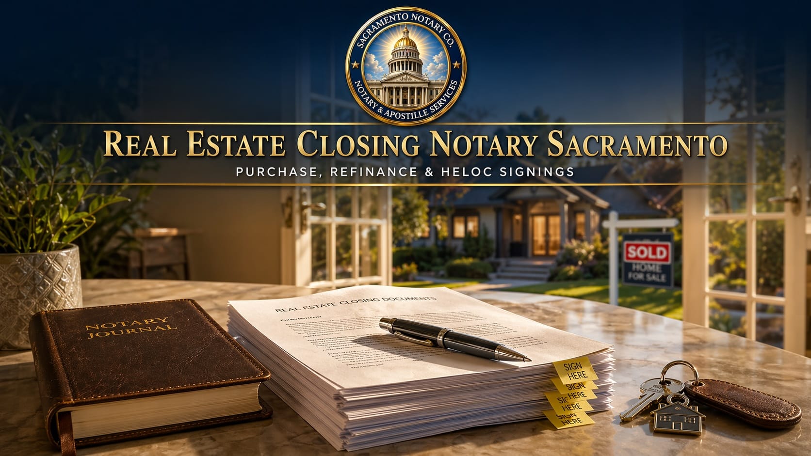 Real estate closing notary Sacramento — mortgage closing signing shown with stack of closing documents with yellow signature tabs, silver pen, brass embosser, notary journal, and new house keys on polished hardwood table with SOLD sign in background