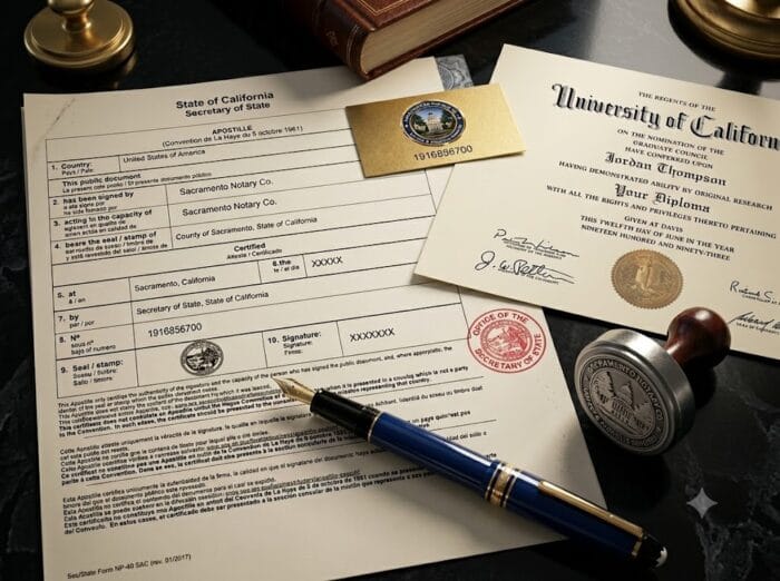 Diploma apostille California — Sacramento Notary Co notarizes and files with CA Secretary of State